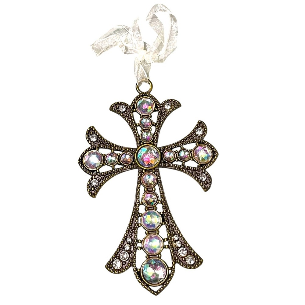 Boxed Brass Cross Ornament/Wall Hanging With Iridescent Jewel Accents